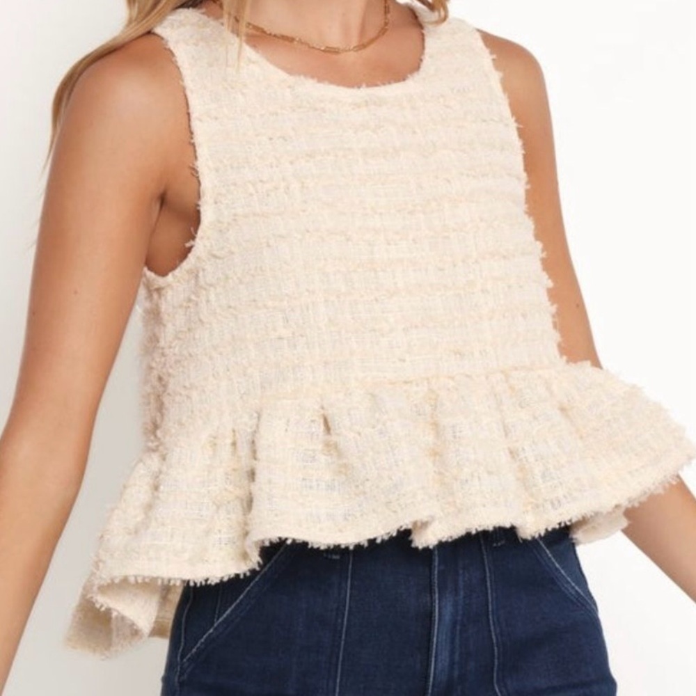 NWT Mable x Anthropologie Ruffle Cropped Peplum Tweed High Low Cream Top Large